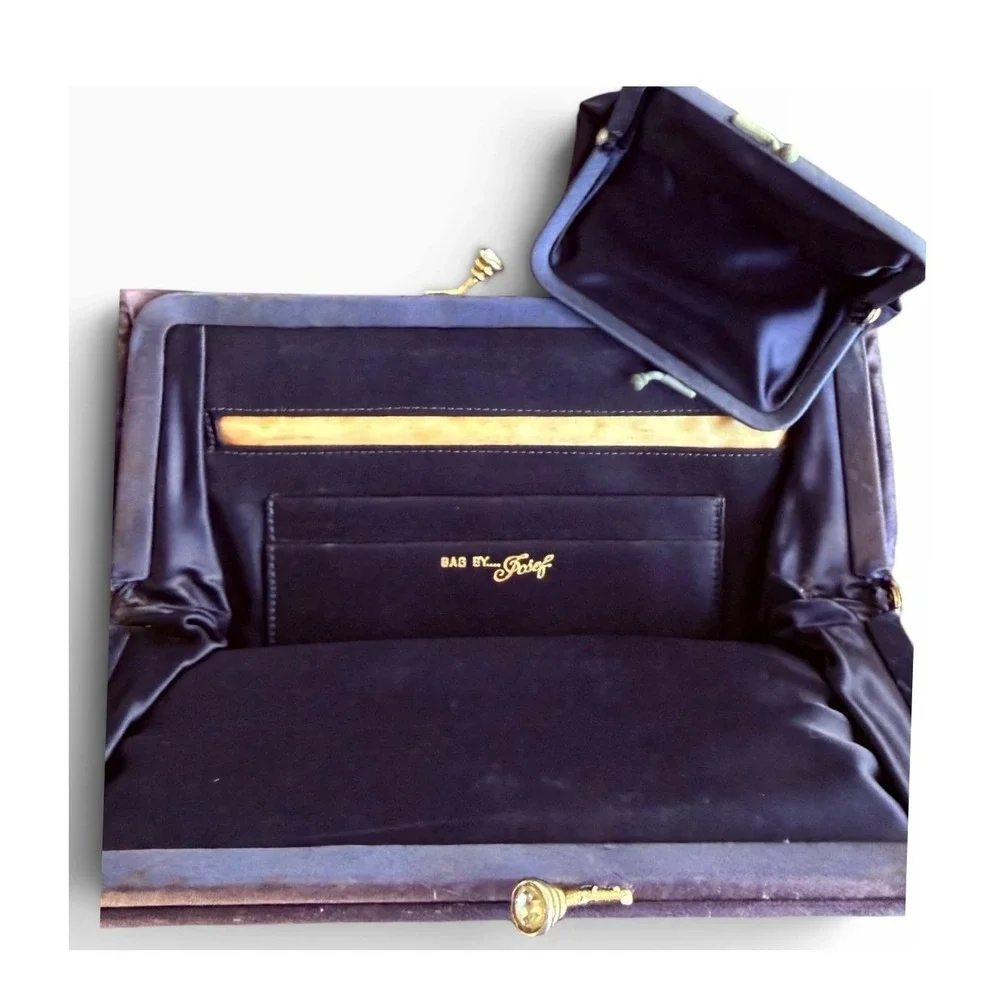 Vintage 1950s Bags by Josef Blue Embroidered Evening Bag Change Purse Set